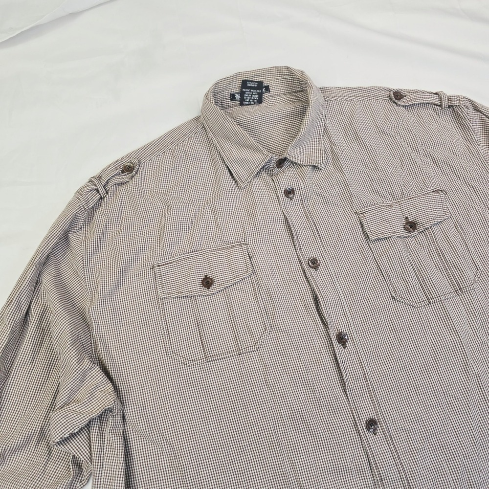 Bare Fox Men's Button Down Shirt 6XL Brown Gingham Check Long Sleeve F60